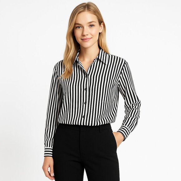 ann taylor silk black white striped long sleeve button up blouse top casual - Picture 1 of 4